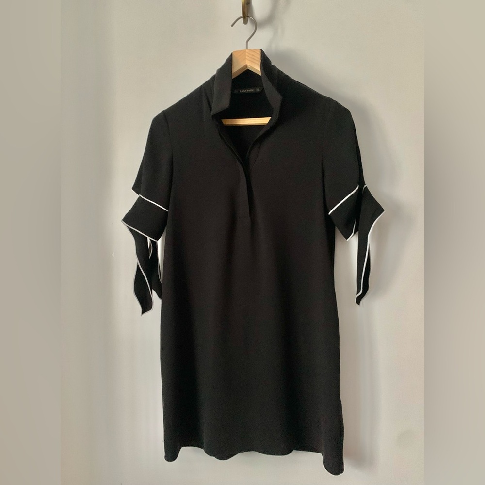 Zara Black Button Dress with Tie Sleeves